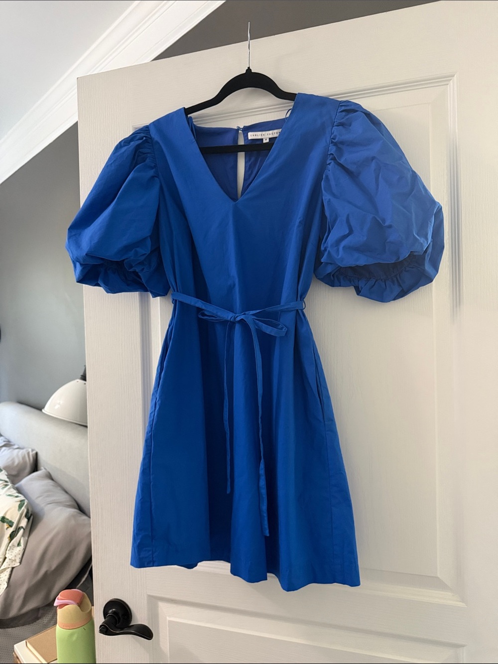 English Factory Cobalt Blue Puff-Sleeve V-Neck Dress with Waist Tie